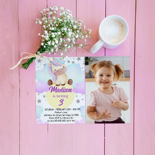 Invitation Cute Unicorn et Silver Stars Photo Anniversaire