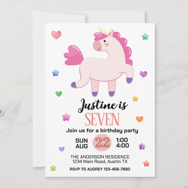 Invitation Cute Unicorn fête d'anniversaire (Devant)