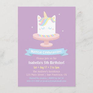 Invitation Cute Unicorn Filles de gâteau Anniversaire Invitat