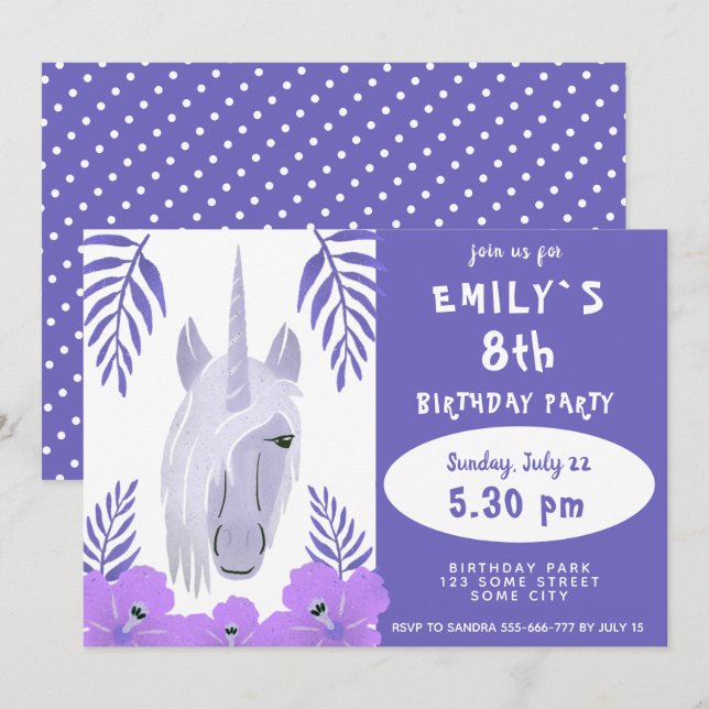 Invitation Cute Unicorn Fleurs tropicales Fille Anniversaire (Devant / Derrière)