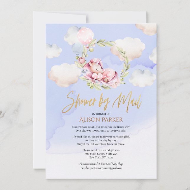 Invitation Cute Unicorn Floral Blue Sky Baby shower par courr (Devant)