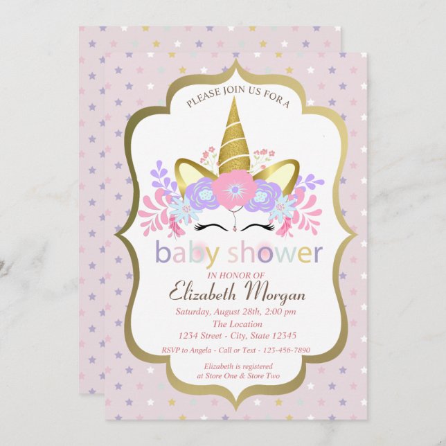 Invitation Cute Unicorn, Floral, Étoiles Baby shower Invitati (Devant / Derrière)