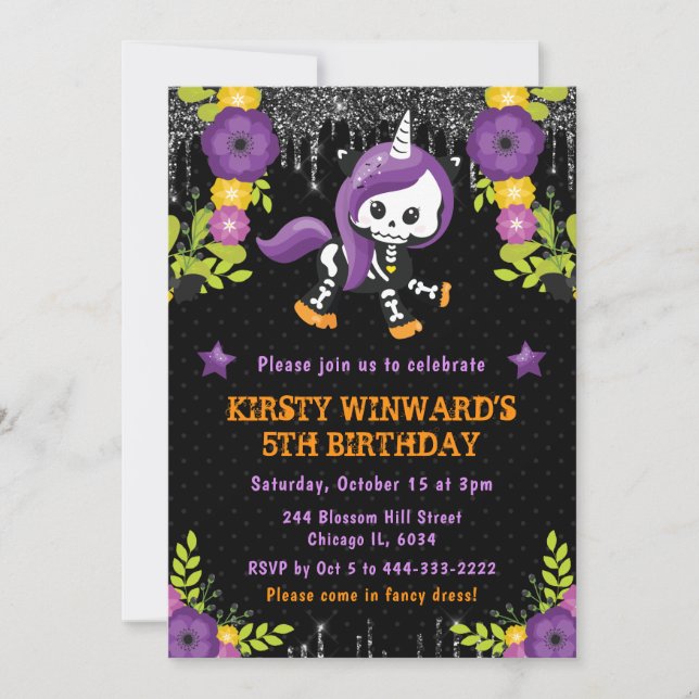 Invitation Cute Unicorn Floral Halloween Anniversaire (Devant)