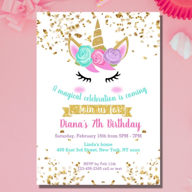 Invitation Cute Unicorn Gold Parties scintillant fille's Magi (Unicorn Girl birthday invitations made by Creative Design)