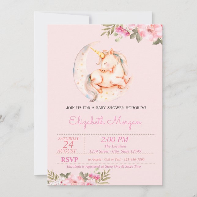 Invitation Cute Unicorn Lune Baby shower floral (Devant)