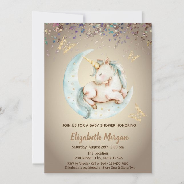 Invitation Cute Unicorn Lune Butterfly Confetti Baby shower (Devant)