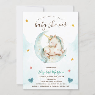Invitation Cute Unicorn Lune Stars Baby shower Coeur