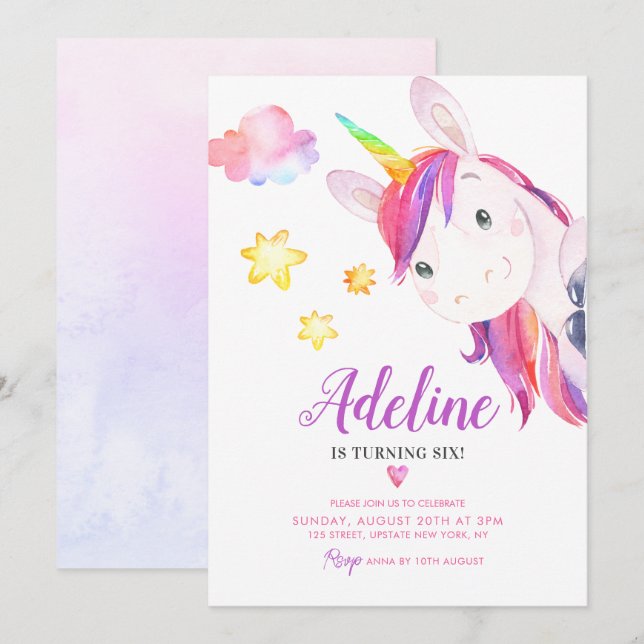 Invitation Cute Unicorn Magique Arc-en-ciel Aquarelle Anniver (Devant / Derrière)