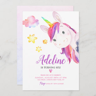 Invitation Cute Unicorn Magique Arc-en-ciel Aquarelle Anniver