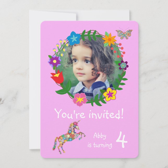 Invitation Cute Unicorn Papillon Fleurs Filles Fête (Devant)