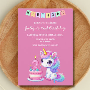 Invitation Cute unicorn photo de famille rose 2e anniversaire