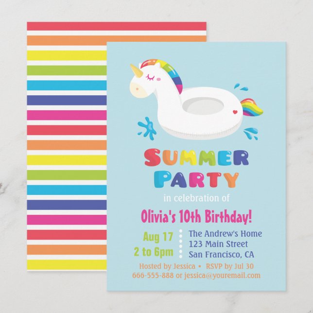 Invitation Cute Unicorn Pool Flottant Enfants été Anniversair (Devant / Derrière)