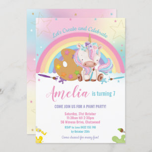 Invitation Cute Unicorn Rainbow Art Paint Fête Anniversaire F