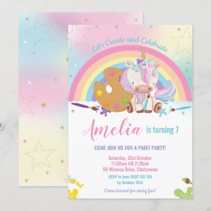 Invitation Cute Unicorn Rainbow Art Paint Fête d'anniversaire
