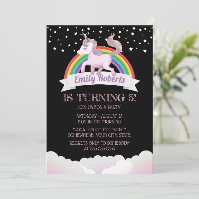 Invitation Cute Unicorn & Rainbow Black Anniversaire (Debout devant)