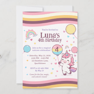 Invitation Cute Unicorn Rainbow Girl 4th Birthday Party