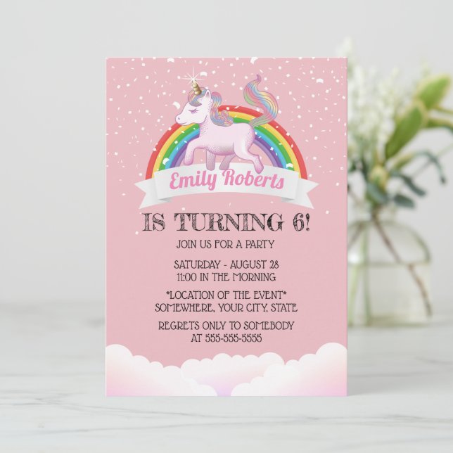 Invitation Cute Unicorn & Rainbow Pink fête d'anniversaire (Debout devant)