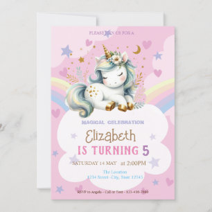 Invitation Cute Unicorn Rainbow Stars Coeurs Anniversaire