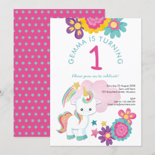 Invitation Cute Unicorn rose Turquoise fille 1er anniversaire