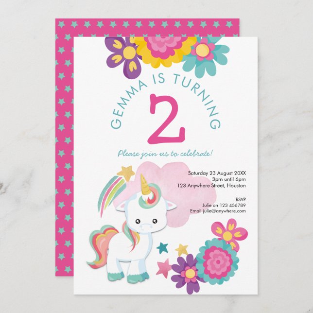 Invitation Cute Unicorn rose Turquoise fille 2e fête d'annive (Devant / Derrière)
