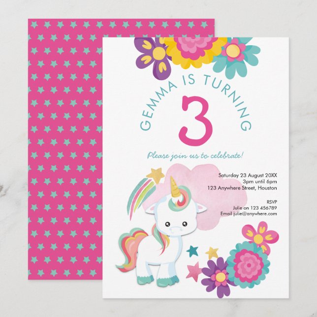 Invitation Cute Unicorn rose Turquoise fille 3e fête d'annive (Devant / Derrière)