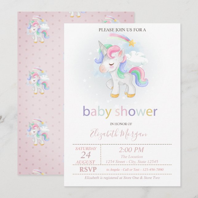 Invitation Cute Unicorn Star Rainbow Baby shower (Devant / Derrière)