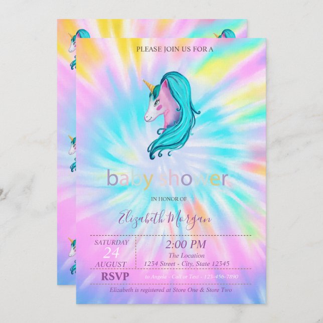Invitation Cute Unicorn Stars Tie Dye Baby shower (Devant / Derrière)