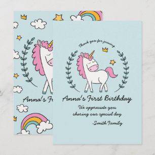 Invitation Cute Unicorn sur Laurels. Anniversaire. Merci.