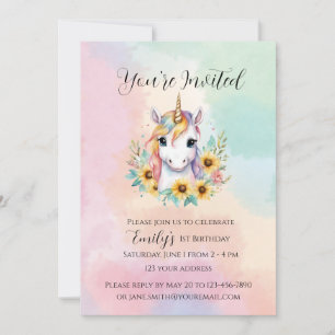 Invitation Cute Unicorn Tournesol Simple 1er anniversaire