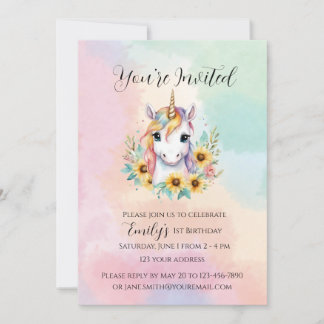 Invitation Cute Unicorn Tournesol Simple 1er anniversaire
