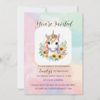 Invitation Cute Unicorn Tournesol Simple 1er anniversaire