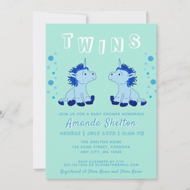 Invitation Cute Unicorn Twins 2 Baby Boys Baby shower (Devant)
