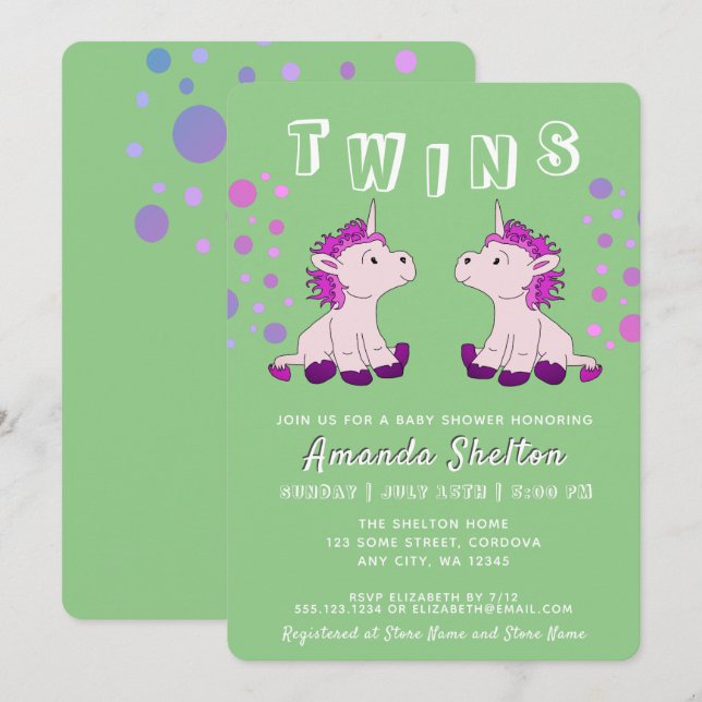 Invitation Cute Unicorn Twins 2 Baby Girls Baby shower (Devant / Derrière)