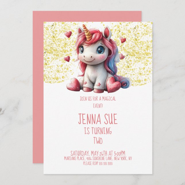 Invitation Cute Unicorn Valentines fête de la journée (Devant / Derrière)