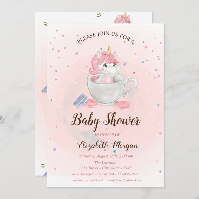 Invitation Cute Unicorne, Macarons, Baby shower Étoiles (Devant / Derrière)