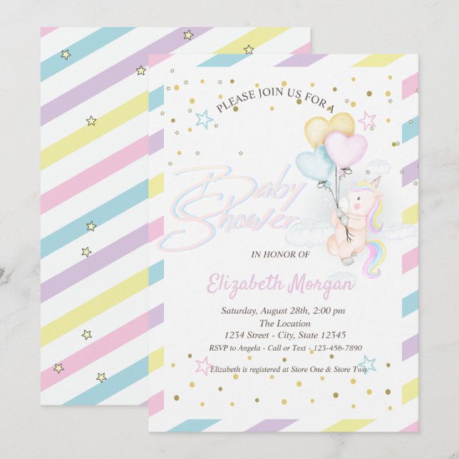 Invitation Cute Unicorne, Nuage, Ballons Étoiles Baby shower (Devant / Derrière)