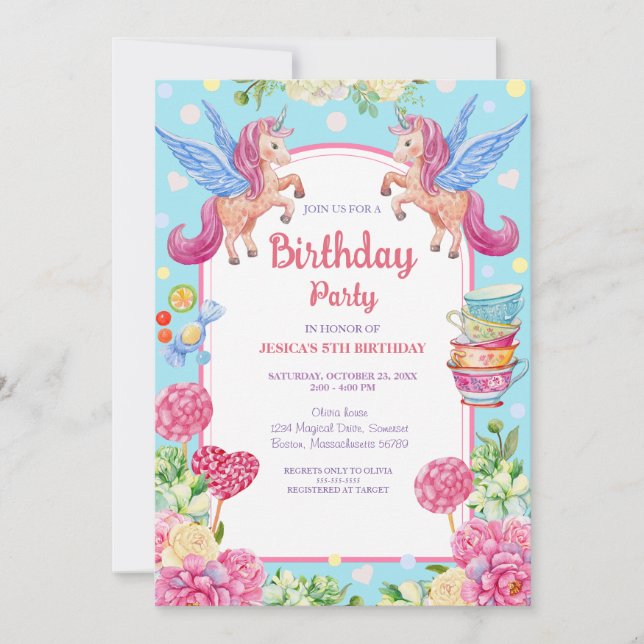 Invitation Cute Unicorns Fleurs Aquarelle Anniversaire Invita (Devant)