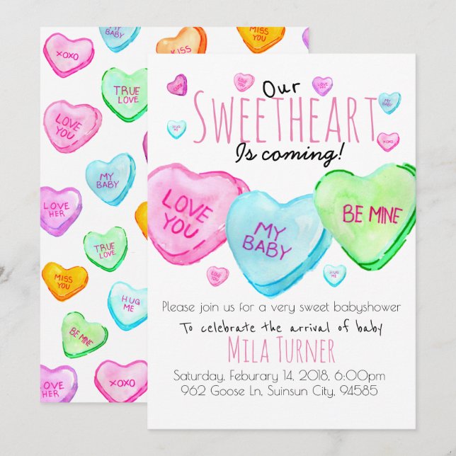 Invitation Cute Valentines Day bonbons coeur baby shower invi (Devant / Derrière)