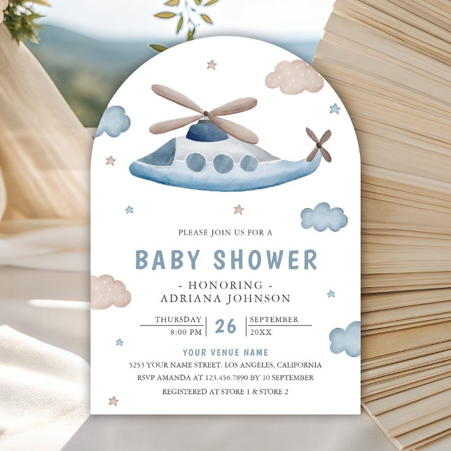 Invitation Cute Vintage Retro Blue Helicopter Baby Shower (Créateur téléchargé)