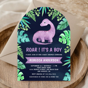Invitation Cute violet Dinosaur Arc Baby shower bleu marine