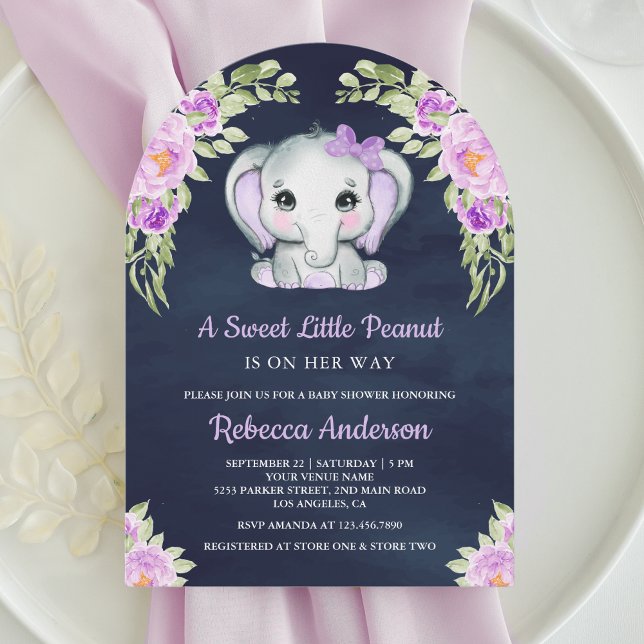 Invitation Cute violet Eléphant Flore Arc Marine Baby shower (Créateur téléchargé)