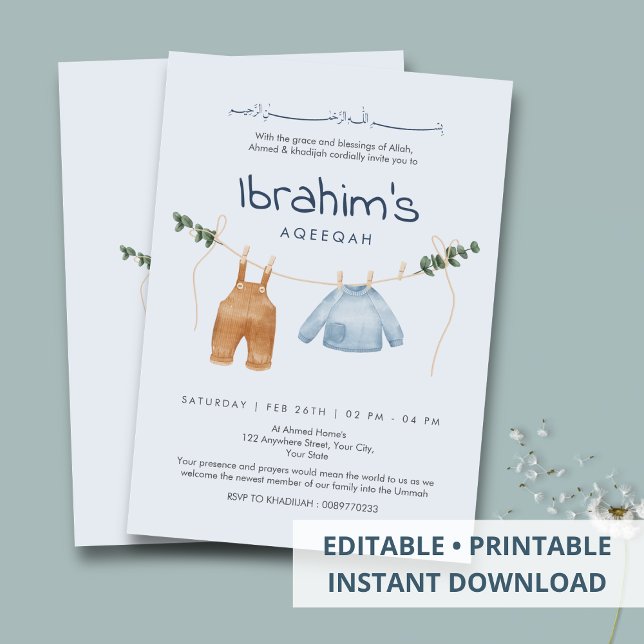 Invitation Cute Watercolor Baby Clothes Laundry Line Aqiqah (Créateur téléchargé)