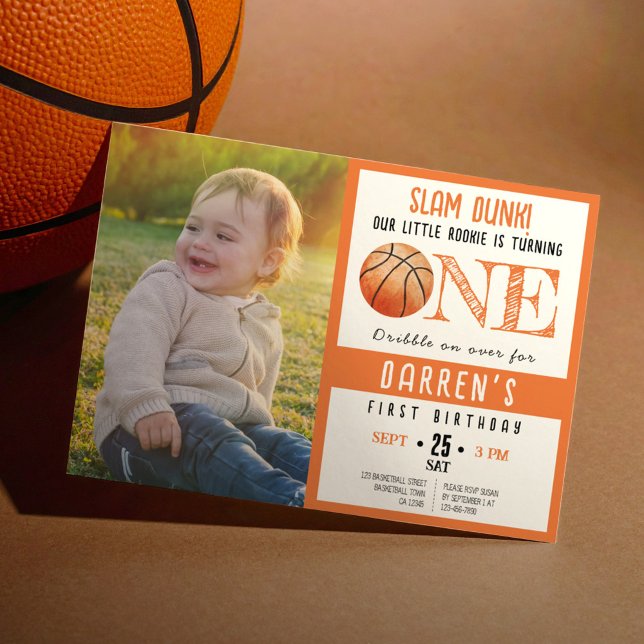 Invitation Cute Watercolor Basketball photo 1er anniversaire (Créateur téléchargé)
