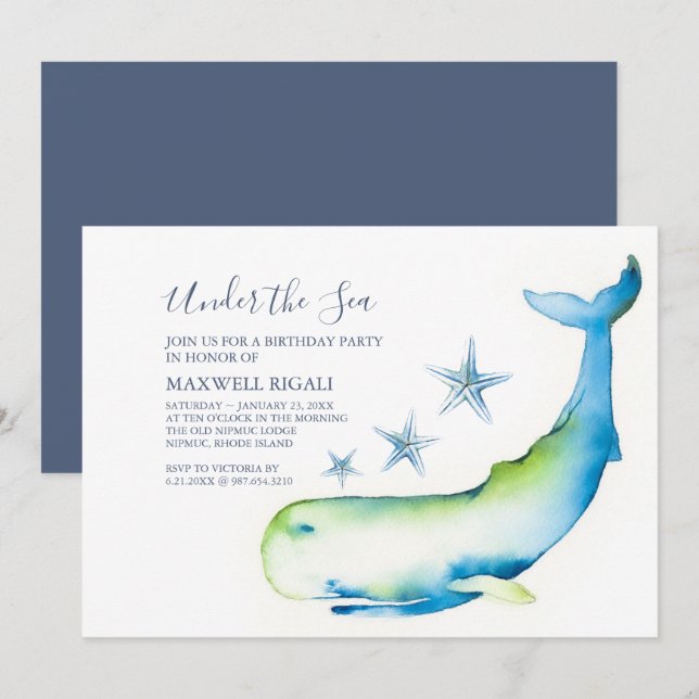 Invitation Cute Watercolor Blue Whale fête d'anniversaire (Devant / Derrière)