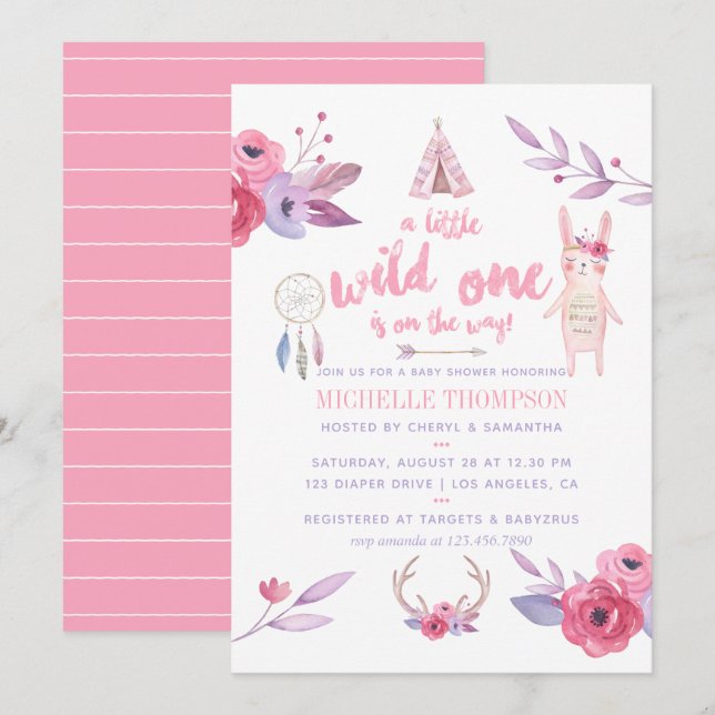 Invitation Cute Watercolor Boho Tribal Girl Baby shower (Devant / Derrière)