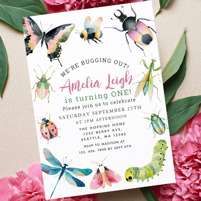 Invitation Cute Watercolor Bugs & Insects Girl 1st Birthday (Créateur téléchargé)
