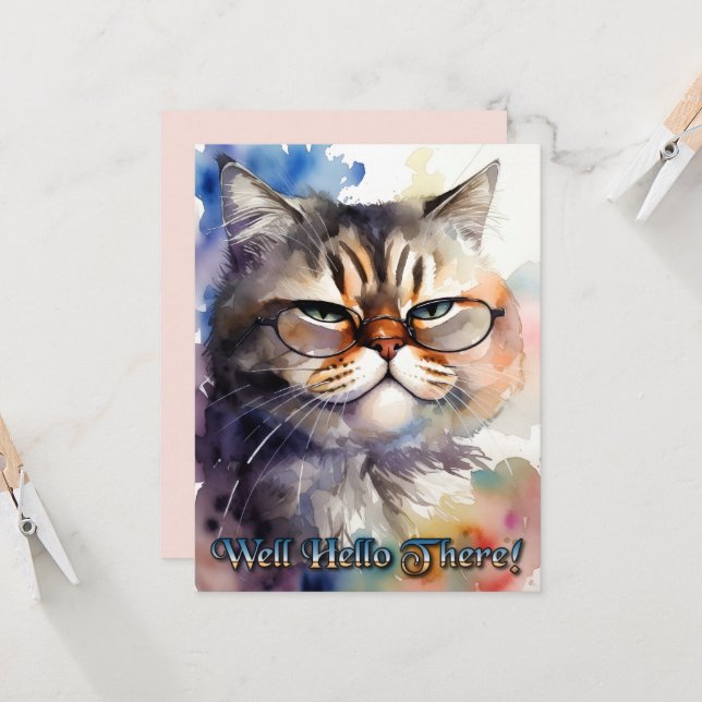 Invitation Cute Watercolor Cat Wearing Glasses Greeting Card (Devant/Arrière en situation)