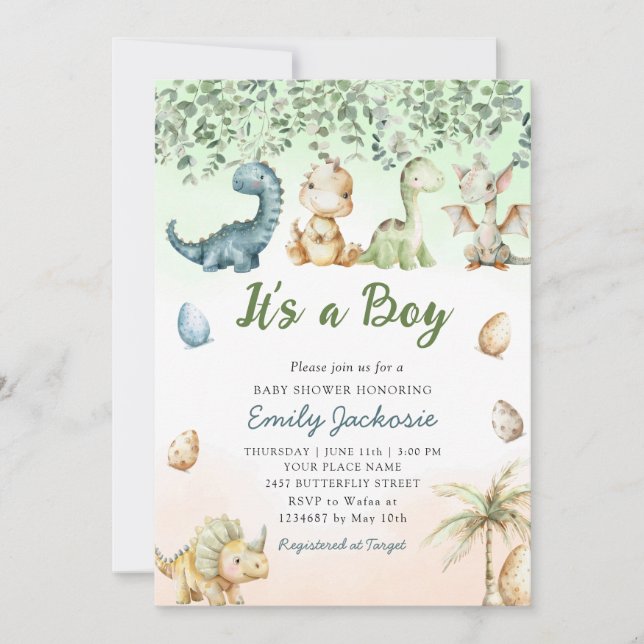 Invitation Cute watercolor Dinosaur 'It's a Boy' Baby Shower  (Devant)