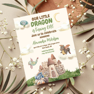 Invitation Cute Watercolor Dragon Baby 1er anniversaire
