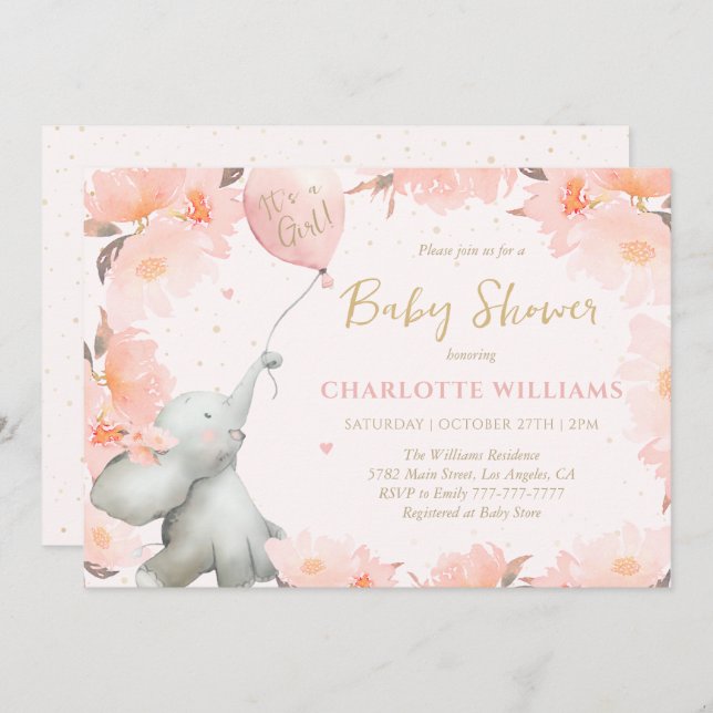 Invitation Cute Watercolor Elephant Floral Girl Baby Shower (Devant / Derrière)